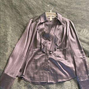 Silky Grey Ruffle Front Women's Blouse